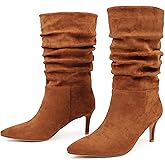 JOY IN LOVE Women's Low Heel Boots, Mid-Calf High Wrinkled Slouchy Boots