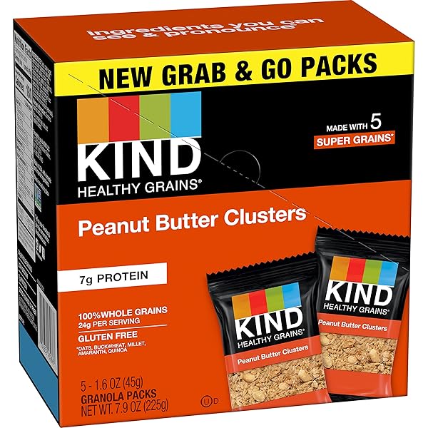 KIND GRAB AND GO GRANOLA, PEANUT BUTTER, HEALTHY SNACKS, GLUTEN FREE, WHOLE GRAINS AND OATS, 7G PROTEIN, 5 COUNT