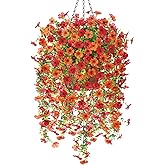 Artificial Fake Hanging Flowers with Basket Outdoor Summer Decoration, Fake Mums Silk Daisy Flowers Planter Eucalyptus Realistic UV Resistant for Outside Garden Porch Patio Home Decor(Orange Red)