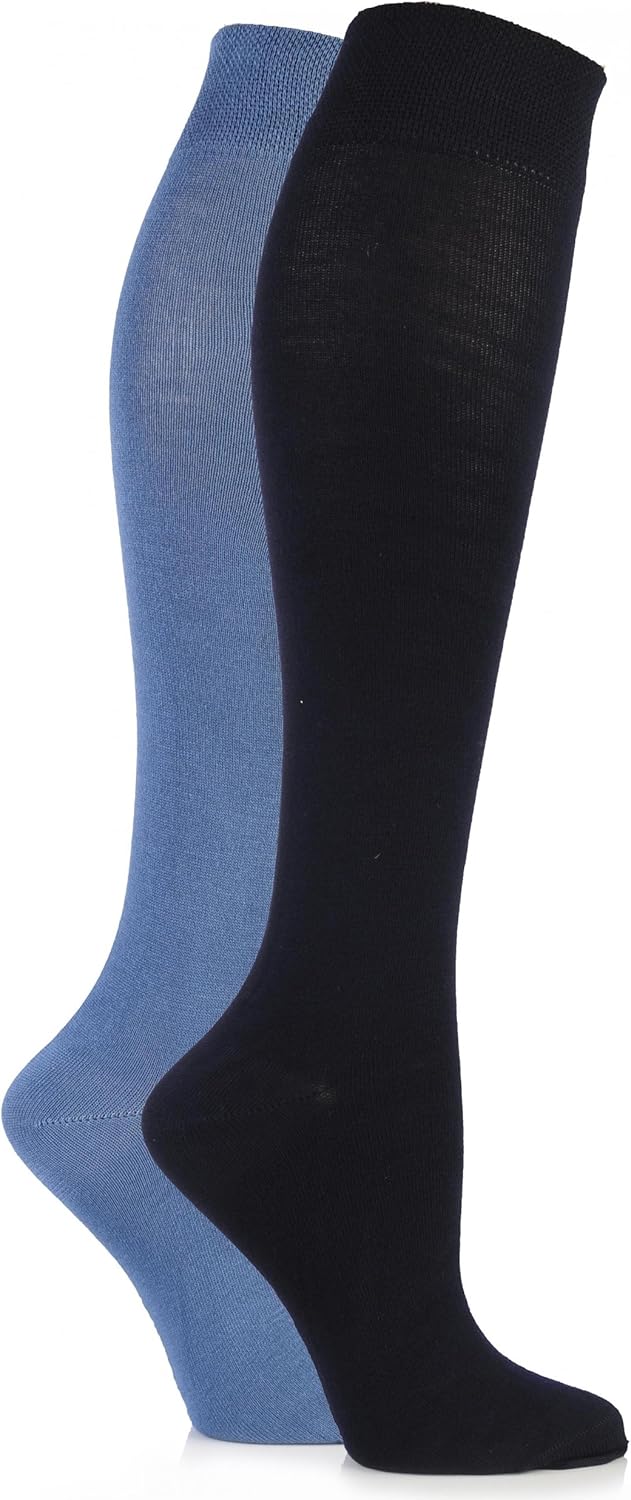 Womens Plain and Patterned Bamboo Knee High Socks Pack of 2
