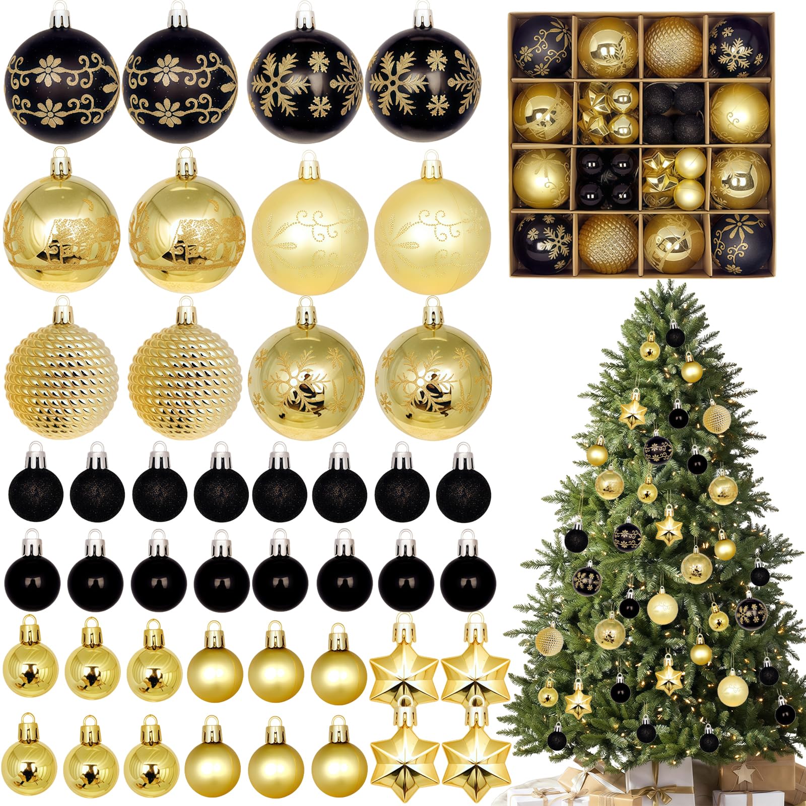 44pcs Christmas Tree Baubles Decorations,Black Gold Xmas Ball Ornaments 3cm 6cm Mini Baubles Hanging Ball Plastic Christmas Bauble for Xmas Tree Decorations,Home Party,Winter Decor