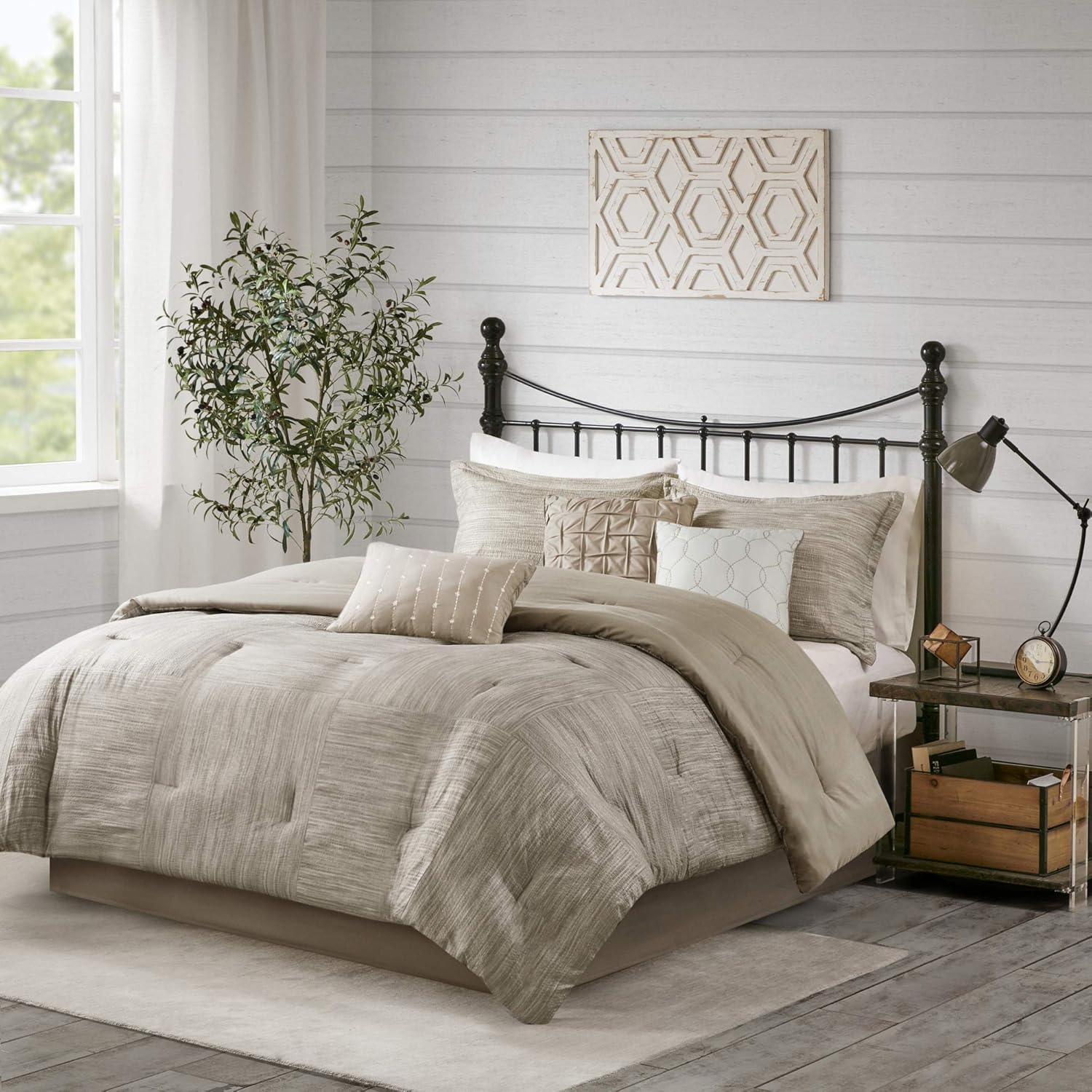 Madison Park Walter Comforter-Luxe Seersucker Print Design All Season Down Alternative Bedding, Matching Shams, Bedskirt, Decorative Pillows, King(104"x92"), Taupe
