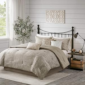 Madison Park Walter Comforter-Luxe Seersucker Print Design All Season Down Alternative Bedding, Matching Shams, Bedskirt, Decorative Pillows, King(104"x92"), Taupe