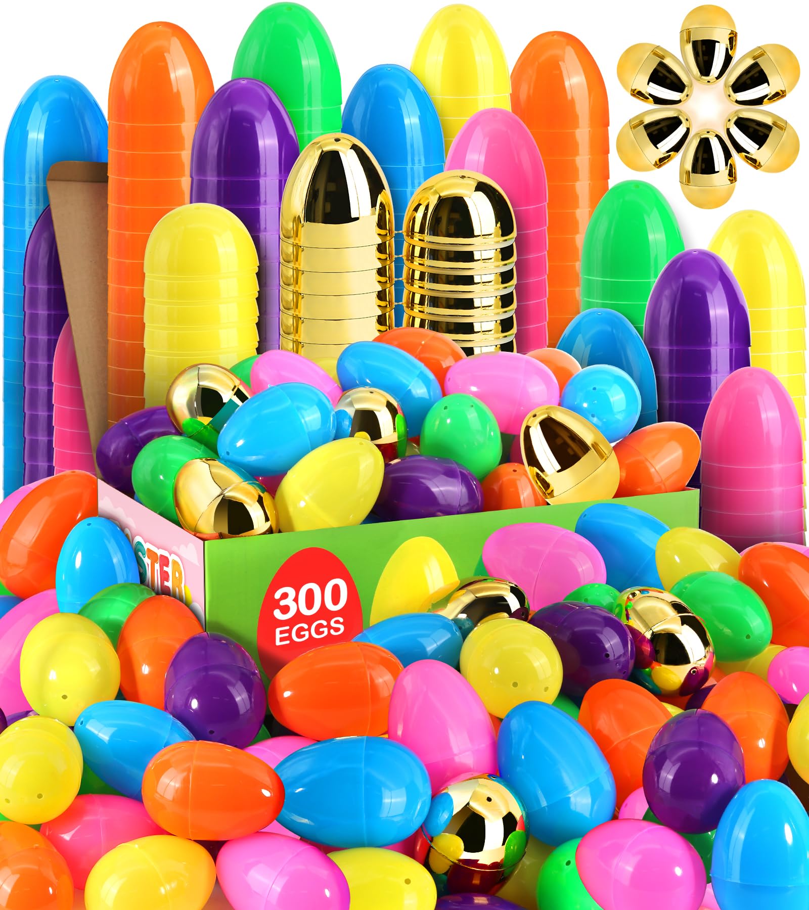 Photo 1 of [6 Surprise Golden Eggs] 300 Pack 2.3 Inch Plastic Easter Eggs, Empty Easter Eggs Fillable, Bright Colors Plastic Eggs Bulks for Easter Hunt, Easter Party Favor, Basket Stuffers Fillers