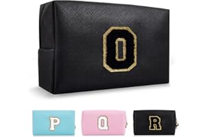 Personalized Initial A-Z Preppy Patch Makeup Bag,Small PU Chenille Letter Cosmetic Bag with Zipper for Teen Girls,Black Cute 