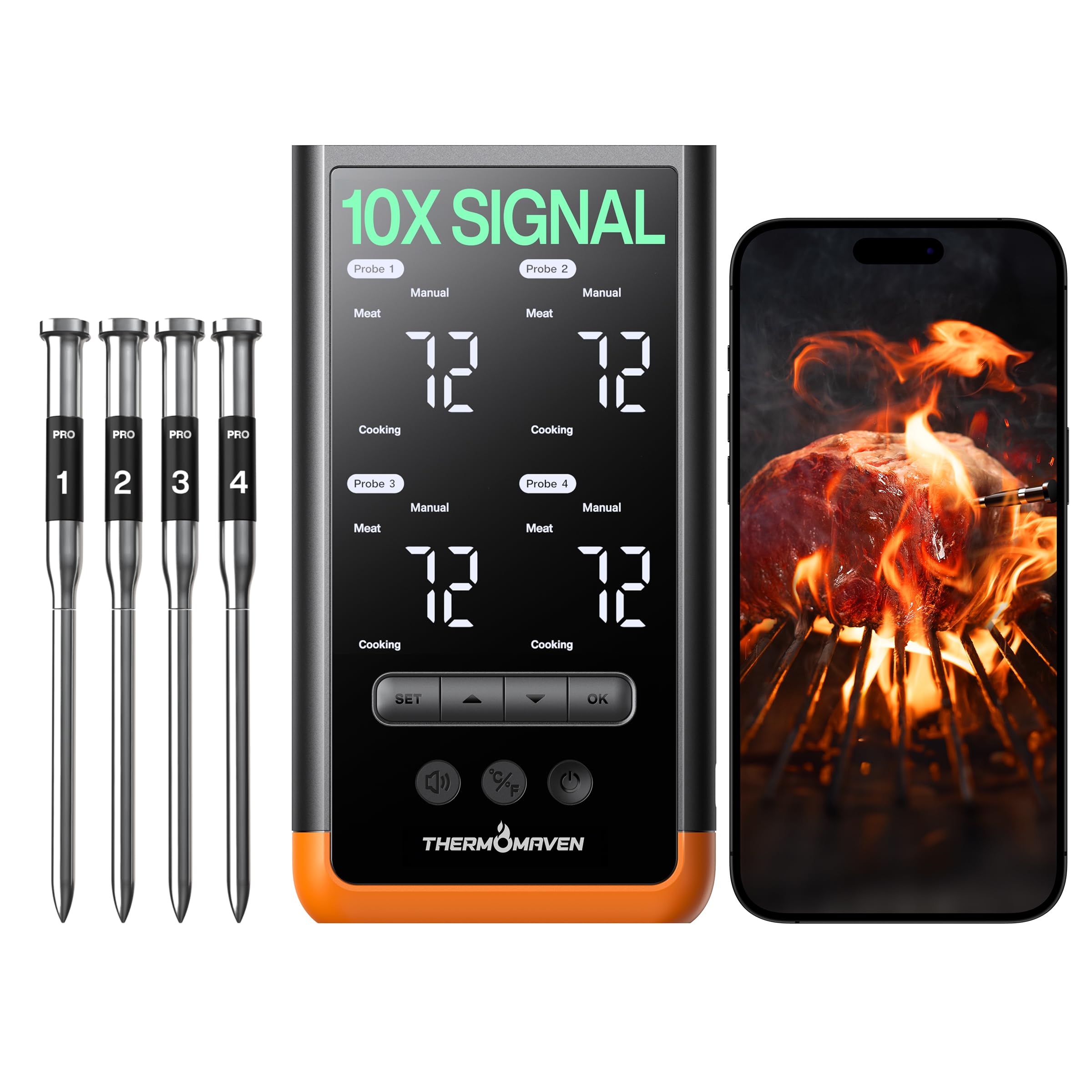 ThermoMaven Wireless Bluetooth Smart Meat Thermometer: Standalone Base, WiFi Thermometer with Sub-1G, 6 Sensors NIST Certified Accuracy, 4 Probes, for Kitchen, BBQ, Grill, Oven, Smoker, Rotisserie Image