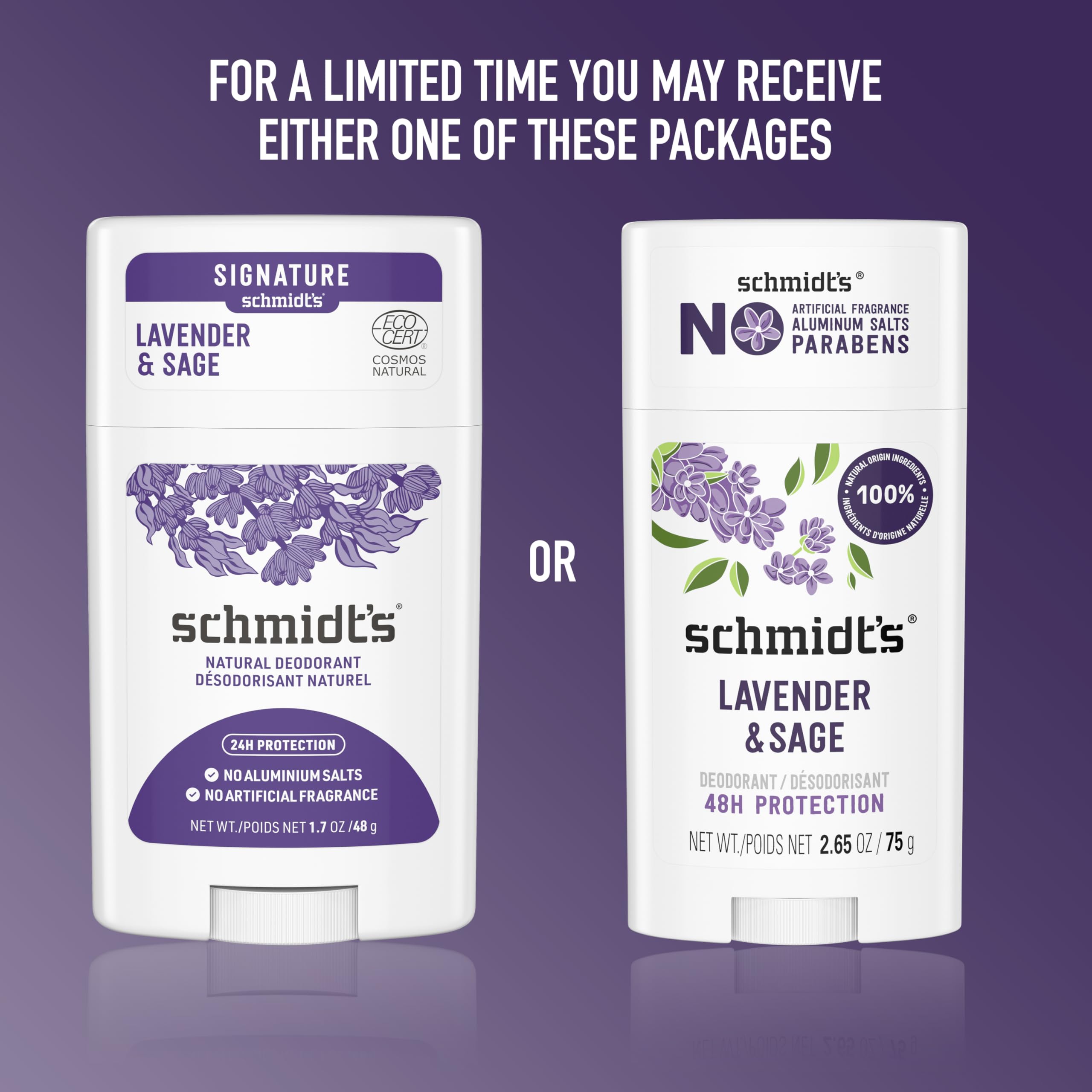 Schmidt's Aluminum-Free Vegan Deodorant Lavender & Sage with 24 Hour Odor Protection, 2 Count for Women and Men, Natural Ingredients, Cruelty-Free, 2.65 oz