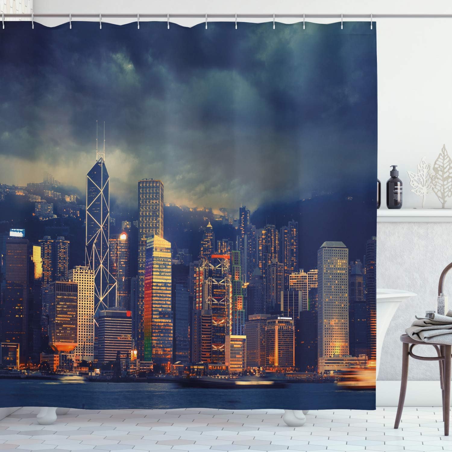 Ambesonne Cityscape Shower Curtain, Hong Kong Cityscape Stormy Weather Dark Cloudy Sky Waterfront Port Dramatic View, Fabric Bathroom Decor Set with Hooks, 70 Inches, Multicolor