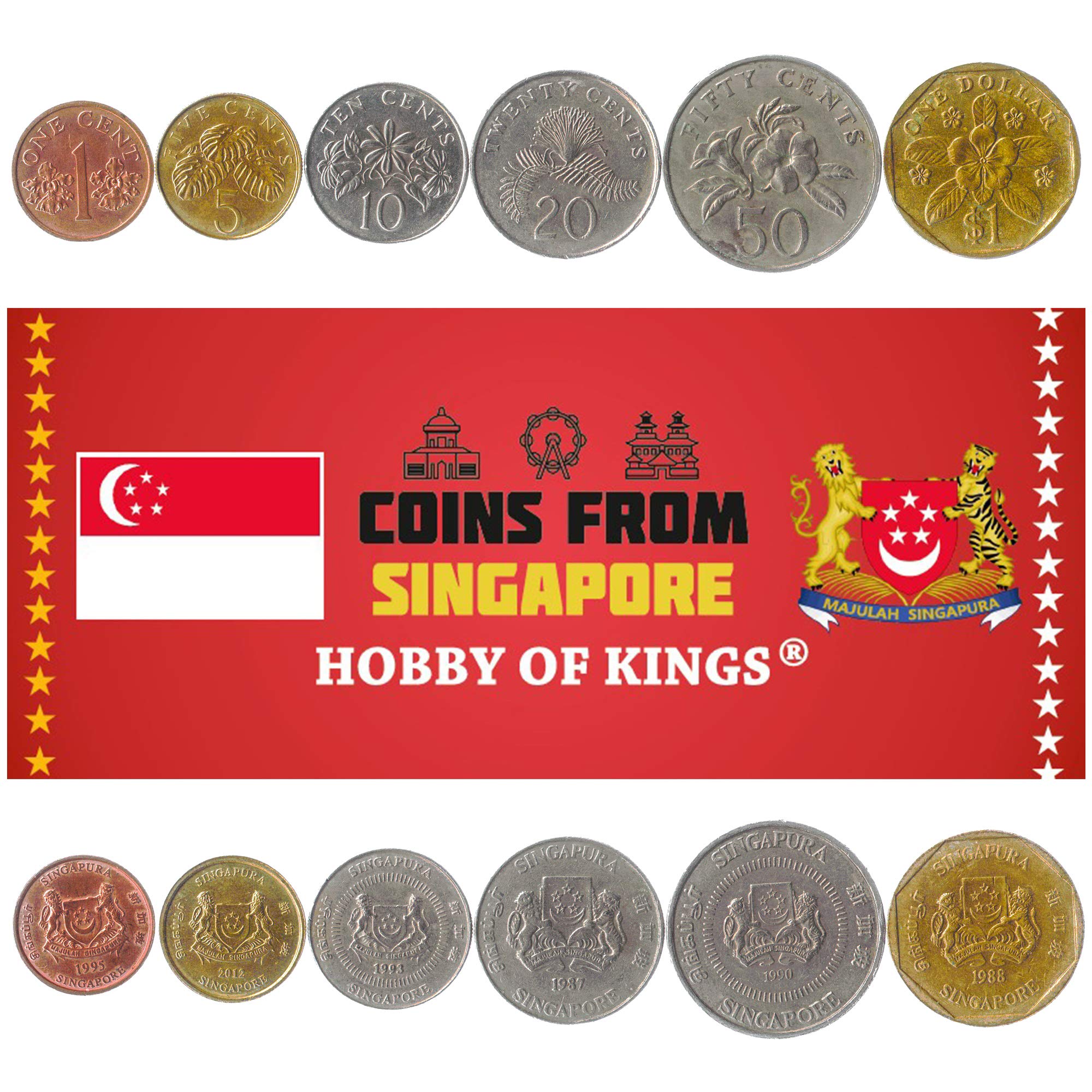 SET OF 6 COINS FROM SINGAPORE, 1, 5, 10, 20, 50 CENTS, 1 DOLLAR, 1985-2012