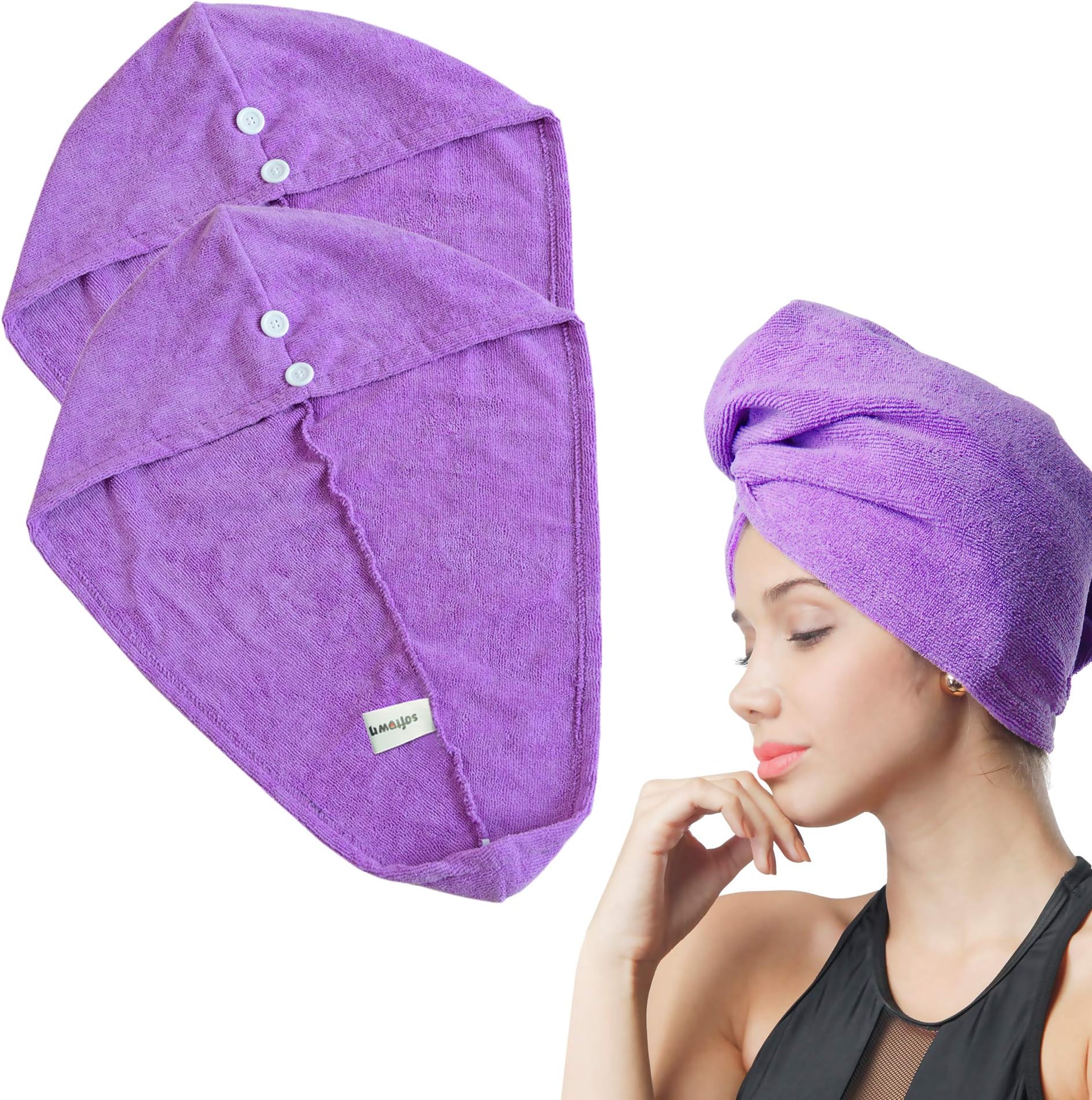 SOFTOWN Hair Drying Turban Towel Microfiber Absorbent Hair Wrap 2 Pack，Purple