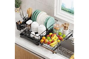Expandable Dish Drying Rack, Retractable Dish Drainers for Kitchen Counter, Telescopic Large Capacity Dish Dryer Strainer wit