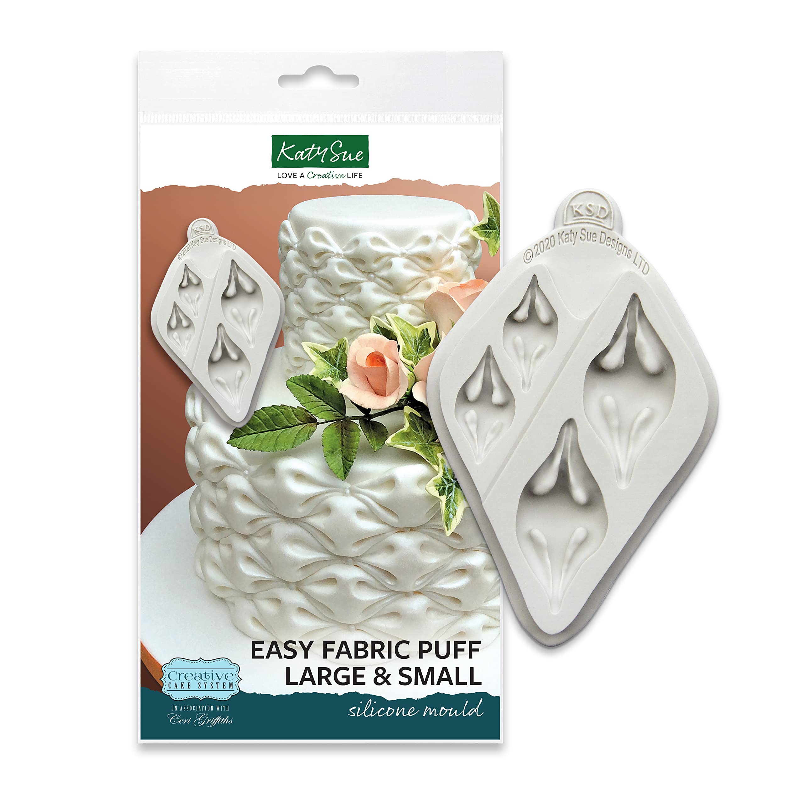 Katy Sue Easy Fabric Puff Silicone Mould for Cake Decorating & Crafts. Creates Decorative Puffs in Large 63 x 29 & Small 38 x 19 Millimetres for Fondant, Sugar Paste, Gum Paste, Air Dry Clay. UK-Made