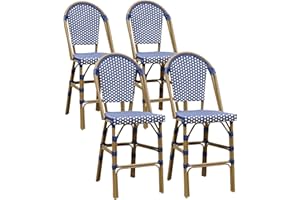 PURPLE LEAF French Counter Height Bar Stool Set of 4 25" Bamboo Print Finish Patio Bar Chairs with Back Rattan Bar Chairs French Bistro Set for Kitchen Outdoor Counter Stool Royal Blue