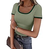ANRABESS Women Short Sleeve Tops Square Neck Ribbed Knit Color Block T Shirts Fitted Casual Summer 2026 Trendy Basic Tees