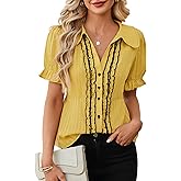 ECOWISH Women's Button Down Shirt - Peter Pan Collar Cotton Blouse Summer Dressy Short Sleeve Loose Fit Work Tops