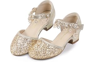 Hehainom Girls Sandals Sequins Princess Dress Shoes Closed Toe Low Heels for Toddler Little Big Kid Flower Wedding Party Pump Shoes