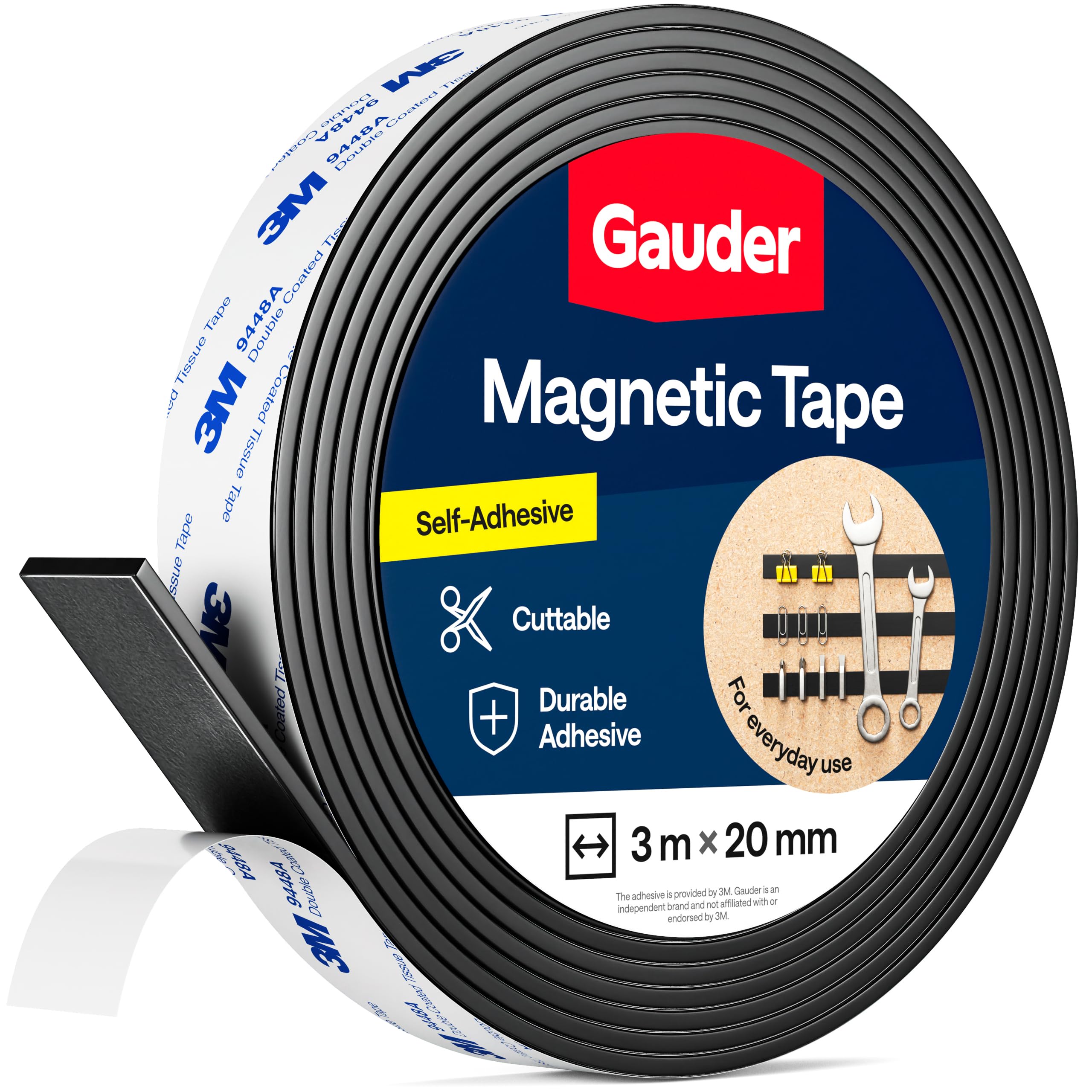 GAUDER Magnetic Tape with 3M Adhesive - Strong Self-Adhesive Magnet Strip - Cuttable Magnetic Tape Roll with Reliable Attraction & 3M Backing (3 m x 20 mm)