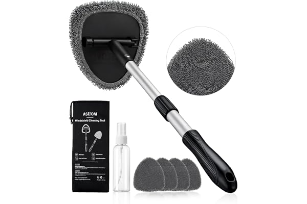 AstroAI Windshield Cleaning Tool with Extendable Handle, Microfiber Pads | Microfiber Window Cleaner with 4 Reusable Washable