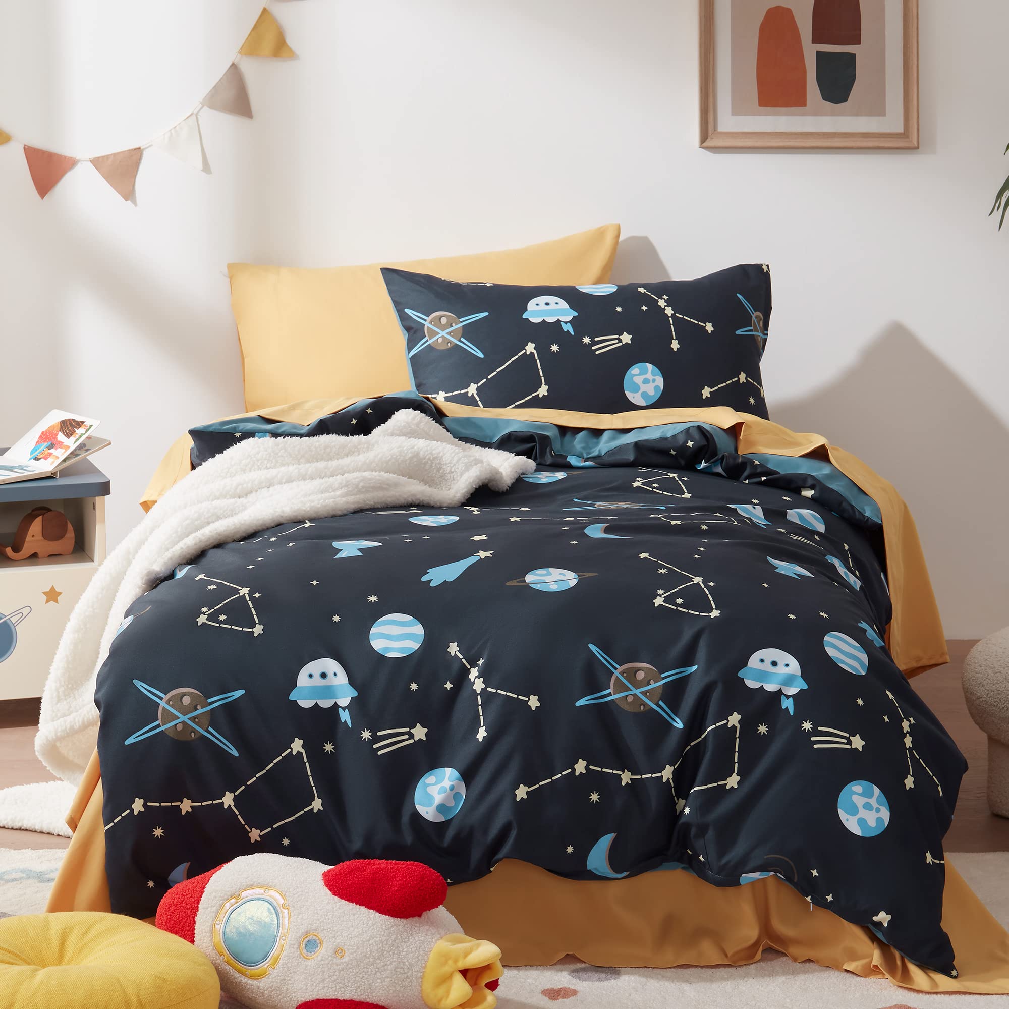 Sonive Duvet Cover Set for Babies Cot 100x135cm+40x60cm Microfibre Bedding Set UFO Cosmic Radio Constellation Moon Meteor, Blue Galaxy, 1 Duvet Cover and 1 Baby Pillow Sham