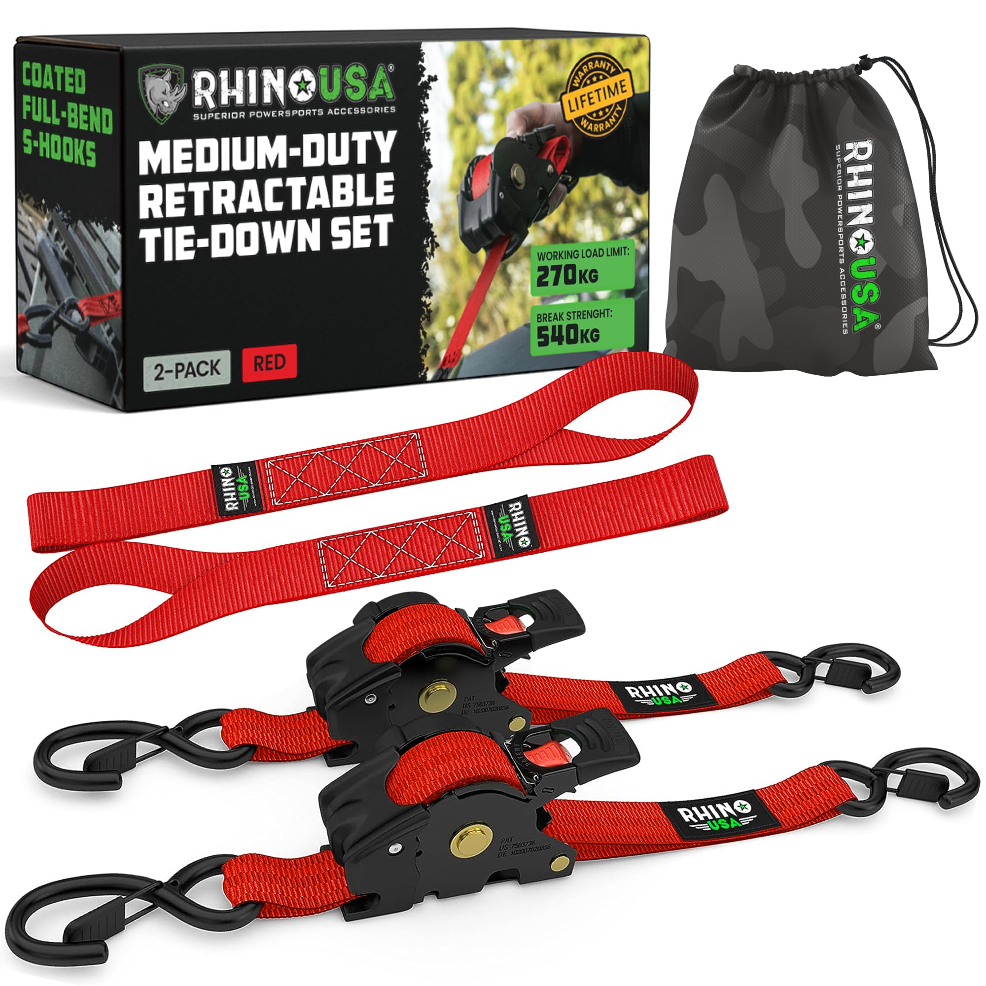 Rhino USA Retractable Ratchet Straps (2-Pack) - 2.5cm x 3m (540kg Break Strength) - Medium Duty Auto Self-Retracting Tie Down Straps for Truck, Cargo Trailer, Motorcycle, Bike & More - Red — image 1