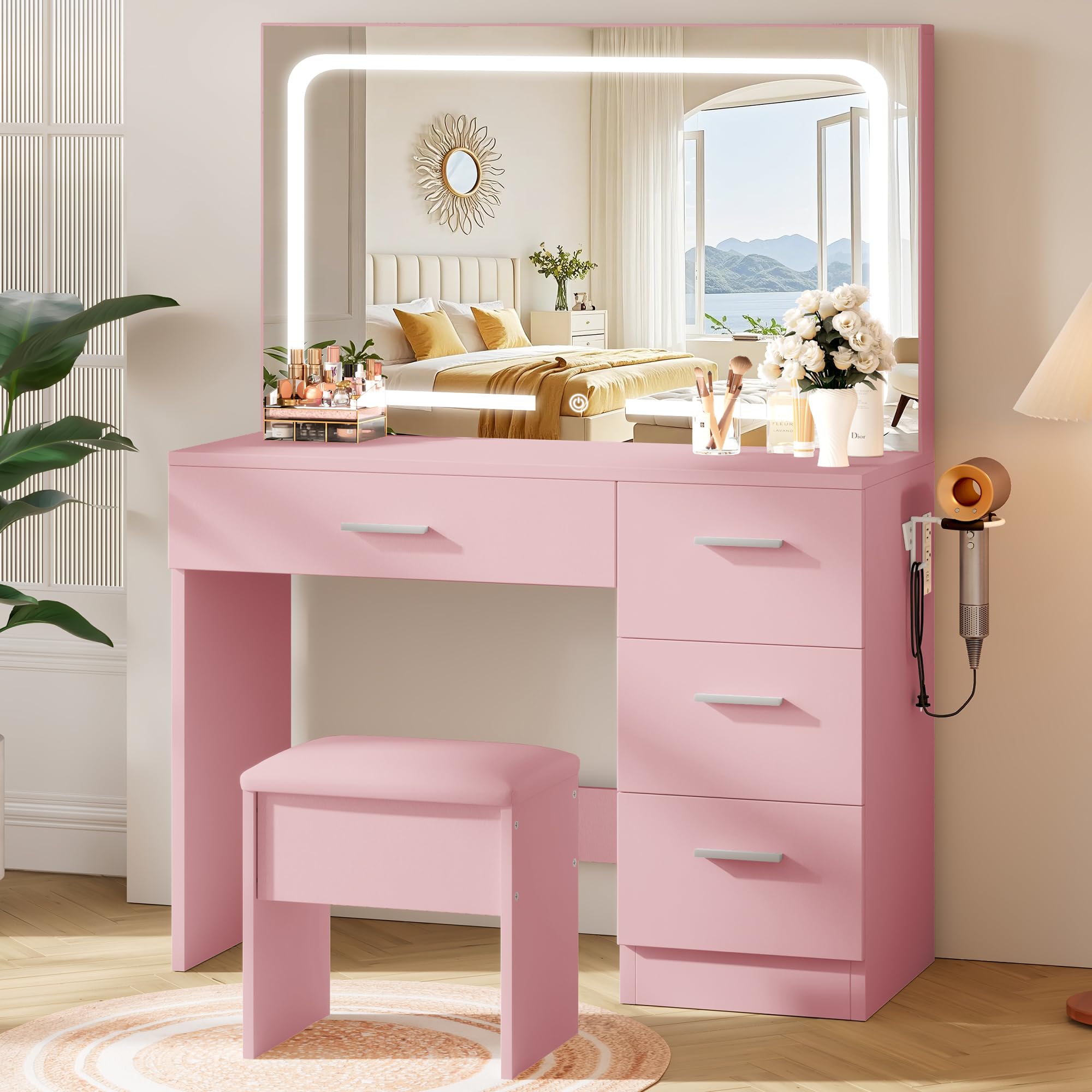 Photo 1 of ***FINAL SALE/NO RETURN, VIEW NOTES*** LIVELYGLOW Makeup Vanity Desk Set, Pink, 35.4“W x 15.7" D x 53.9" H (Large Smart LED Mirror, with Cushion Stool, Hairdryer Rack, Power-Outlet, 4 Drawers)