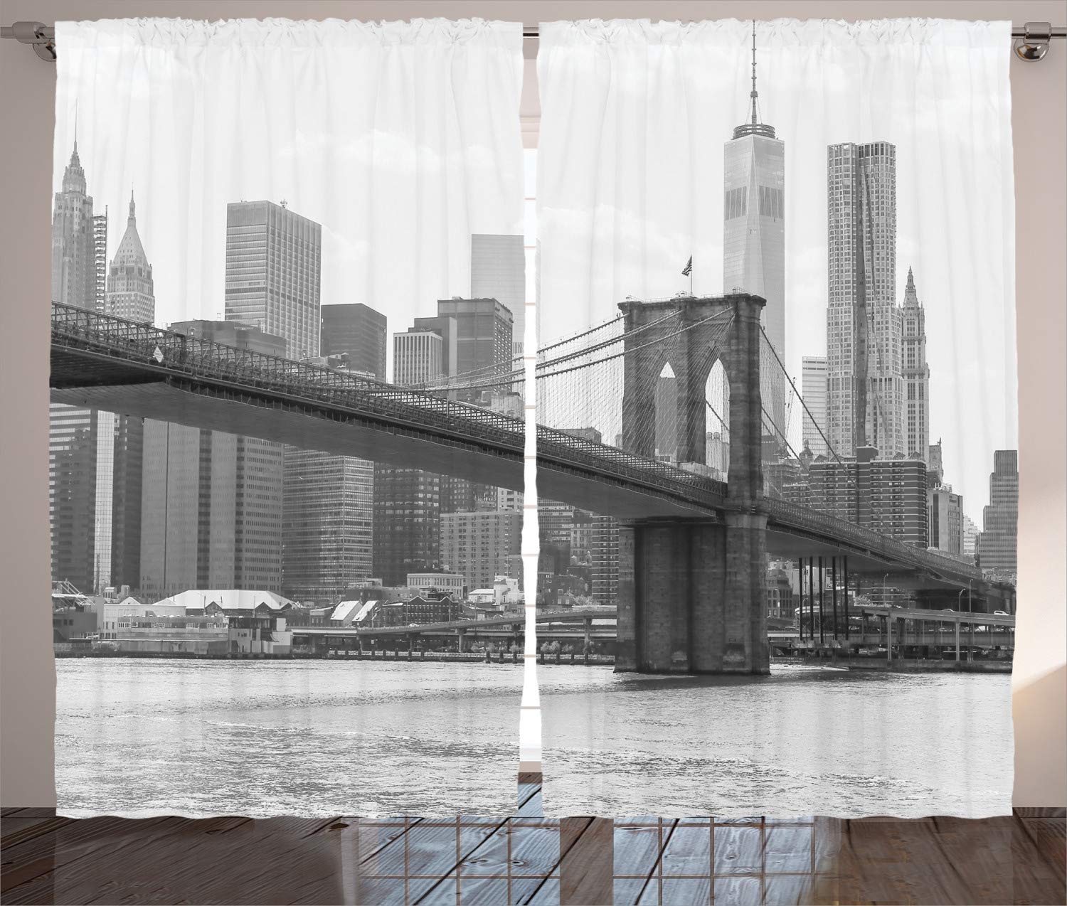 ABAKUHAUS Landscape Curtains, Photo of Brooklyn Bridge over East River and Tall Buildings Skylines at the Back, Living Room Bedroom Window Drapes 2 Panel Set, 69 L X 110 W, Grey White