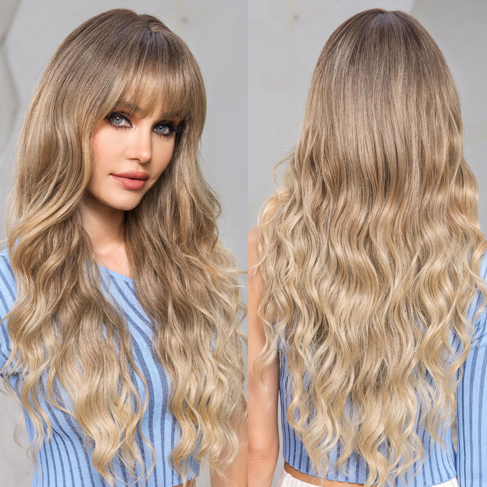 EMMOR Ombre Ash Blonde Wigs for Women Highlight Color Wigs with Bangs Long Curly Heat Resistant Fiber Synthetic Wig Daily Natural looking — image 1