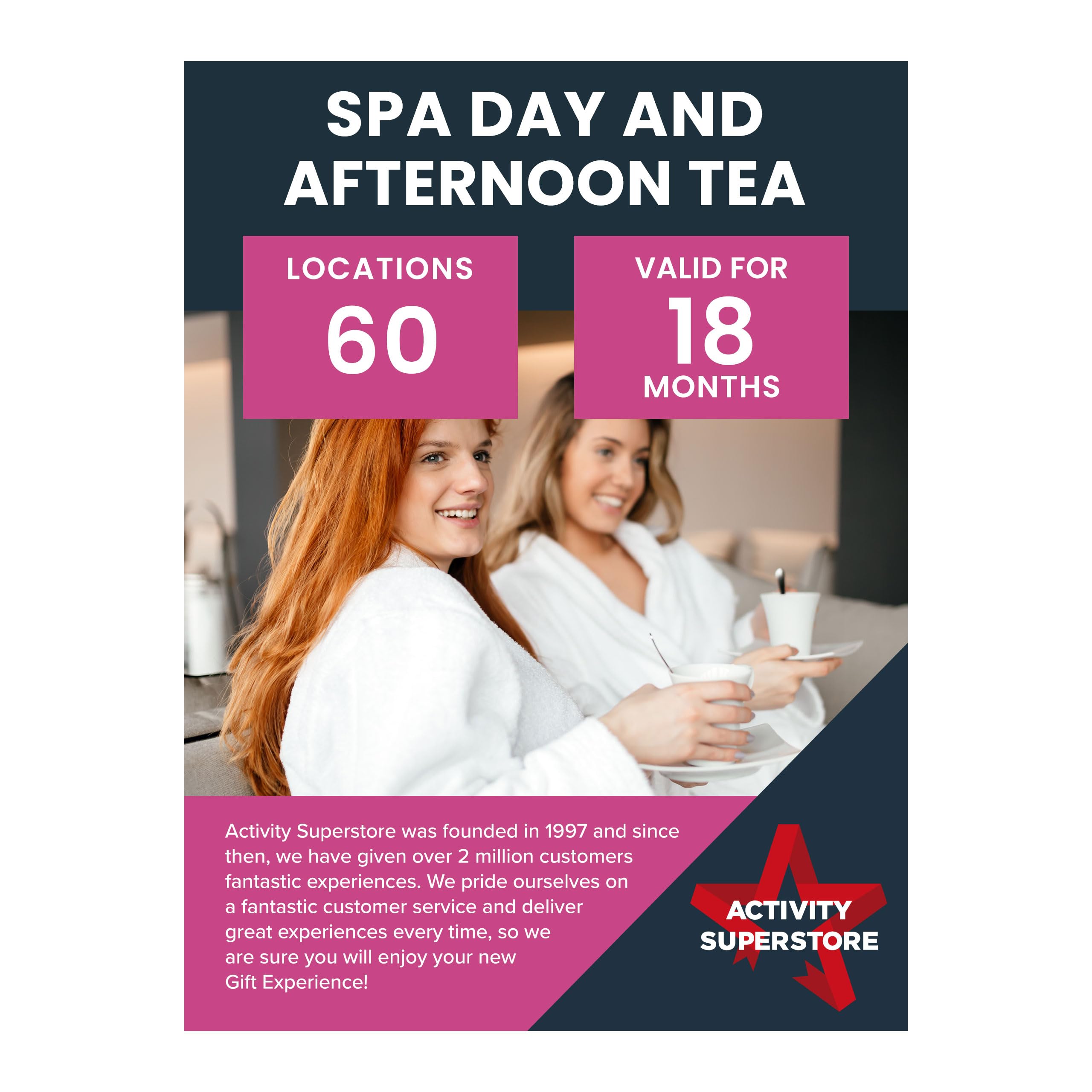 Activity Superstore Spa Day with Afternoon Tea for Two Gift Experience Voucher, 18-month Validity, Experience Days, Spa, Couples Gift, Afternoon Tea, Retirement Present