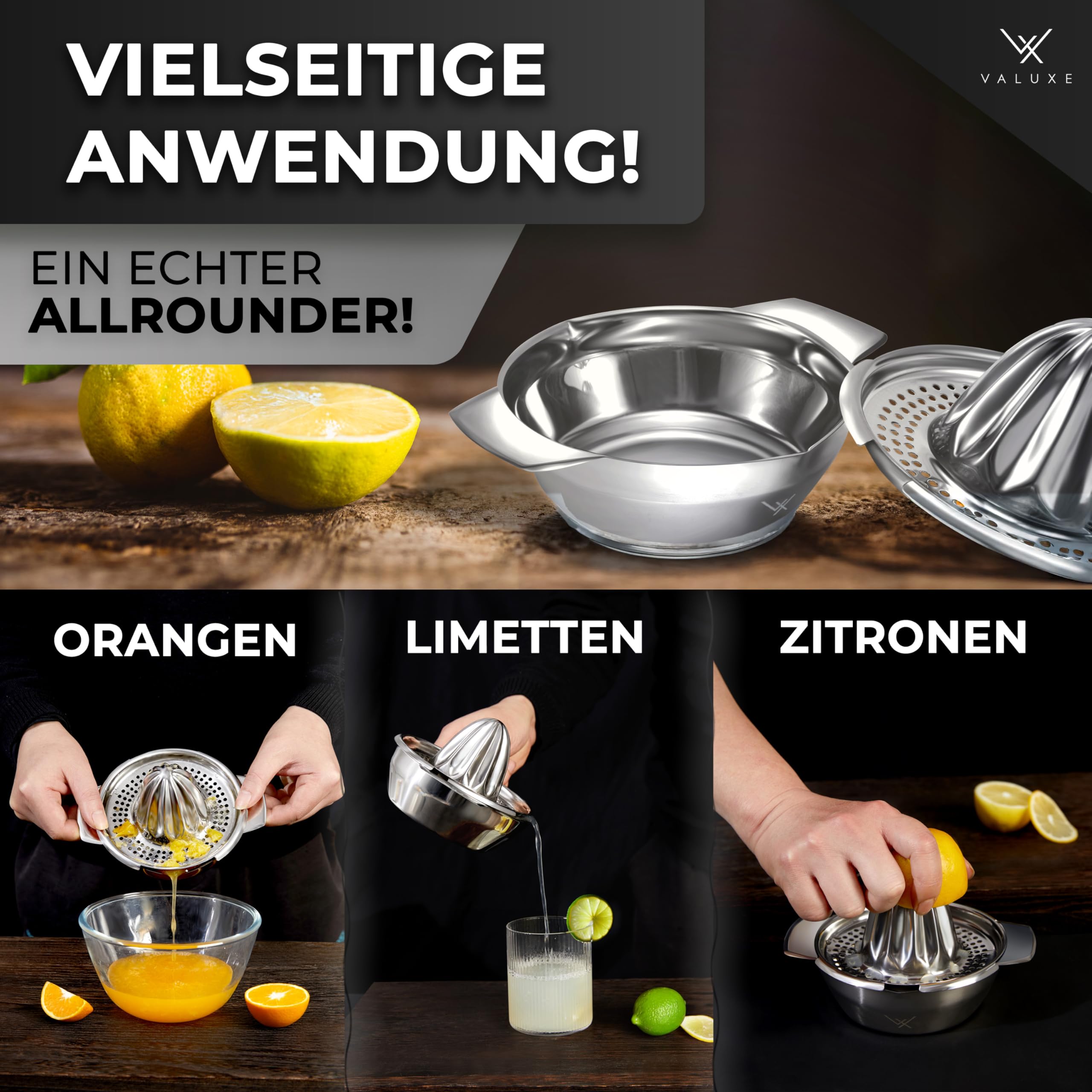 VALUXE® Premium Zitronenpresse Edelstahl - Zitruspresse für Zitronen, Limetten & Orangen mit 350ml Behälter - Manuelle Limetten-Presse, Lemon Squeezer spülmaschinengeeignet 4