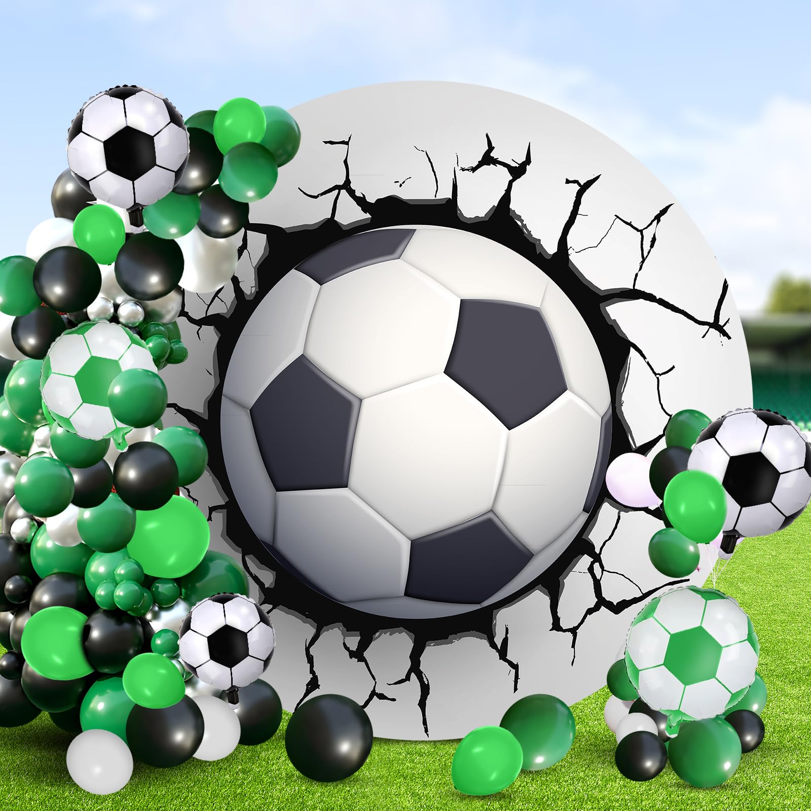 Photo 1 of Lunmon 100 Pieces 7.2 ft Soccer Round Backdrop with Balloons and Balloon Arch Strip, Spandex Fitted Wedding Arch Cover for Chiara Arch Backdrop Stand for Wedding Birthday Party Decor