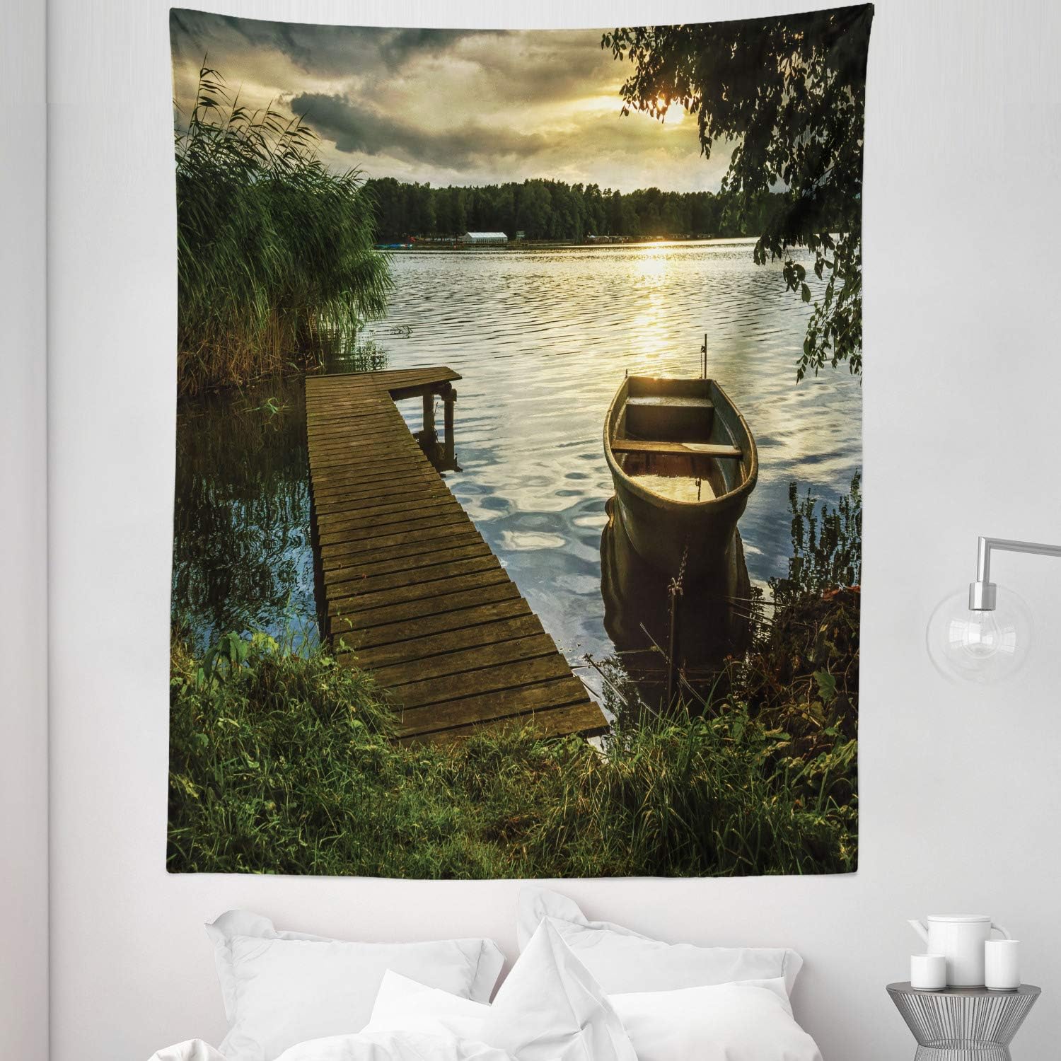 Amazon Com Lunarable Seascape Tapestry Twin Size Boat At Lake Shore With Wooden Pier Sunset Sunbeams Romantic Evening Wall Hanging Bedspread Bed Cover Wall Decor 68 X 88 Green Yellow Home Kitchen