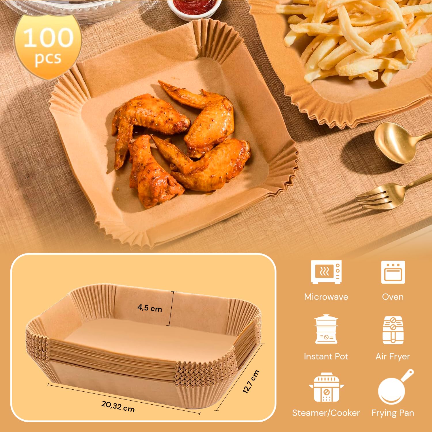 edihome, Backpapier für Heißluftfritteuse, fur Air Fryer, 100 Stück, 22x14 cm, Rechteckig, BPA Free, Zubehör Heissluftfritteuse, Einweg, für Backofen, Brown 2