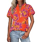 MASCOMODA Boho Short Sleeve Floral Work Blouses for Women Dressy Casual V Neck Puff Sleeve Loose Chiffon Flowy Tops Shirts