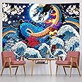 GOFRID Japanese Wave Dragon Tapestry - Ocean Great Wave Art for Men's Room Decor, 82.6 x 59.1IN Moon Tapestry Wall Hanging, GFT-108