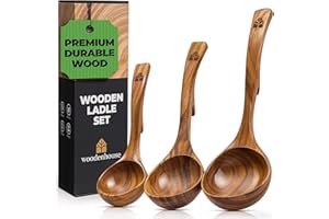 Wooden Ladle Spoon Set, 3 Size Teak Wood Kitchen Serving Spoon with Back Hooks for Pot & Bowl, Non-Stick Wooden Spoon Set for