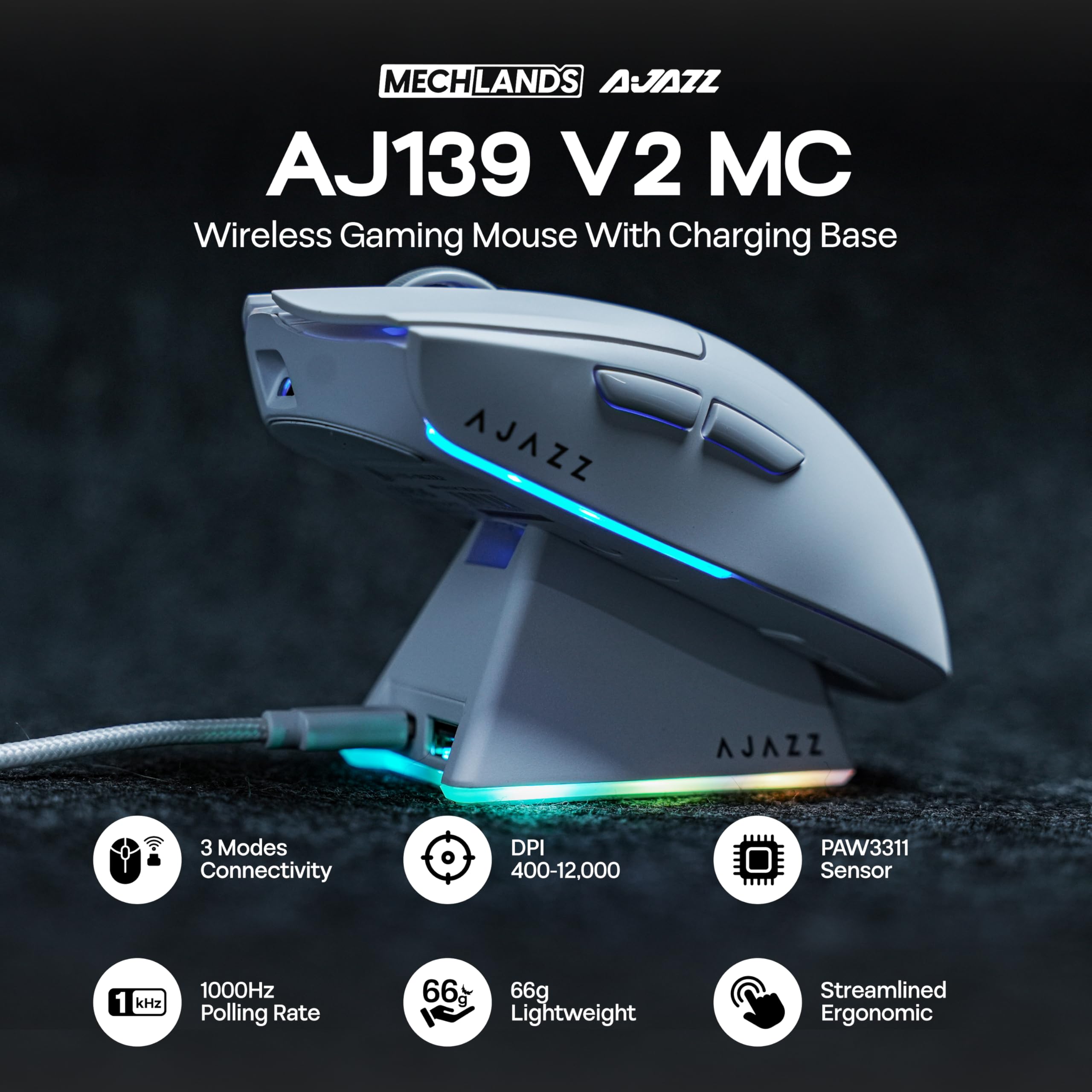 AJAZZ AJ139 V2 MC Gaming Mouse with Charging Base, Adjustable 12,000 DPI, PAW3311 Sensor, 3 Modes Wireless Mouse, 500mAh Battery, 1000 Polling Rate, 66g Lightweight, Win/Mac (White)