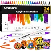 AnyMark 24 Colors Acrylic Paint Markers Brush &amp; Fine Paint Pens | Dual Tip 1-5mm Acrylic Markers for Rock Painting, Canvas, Wood, Ceramic