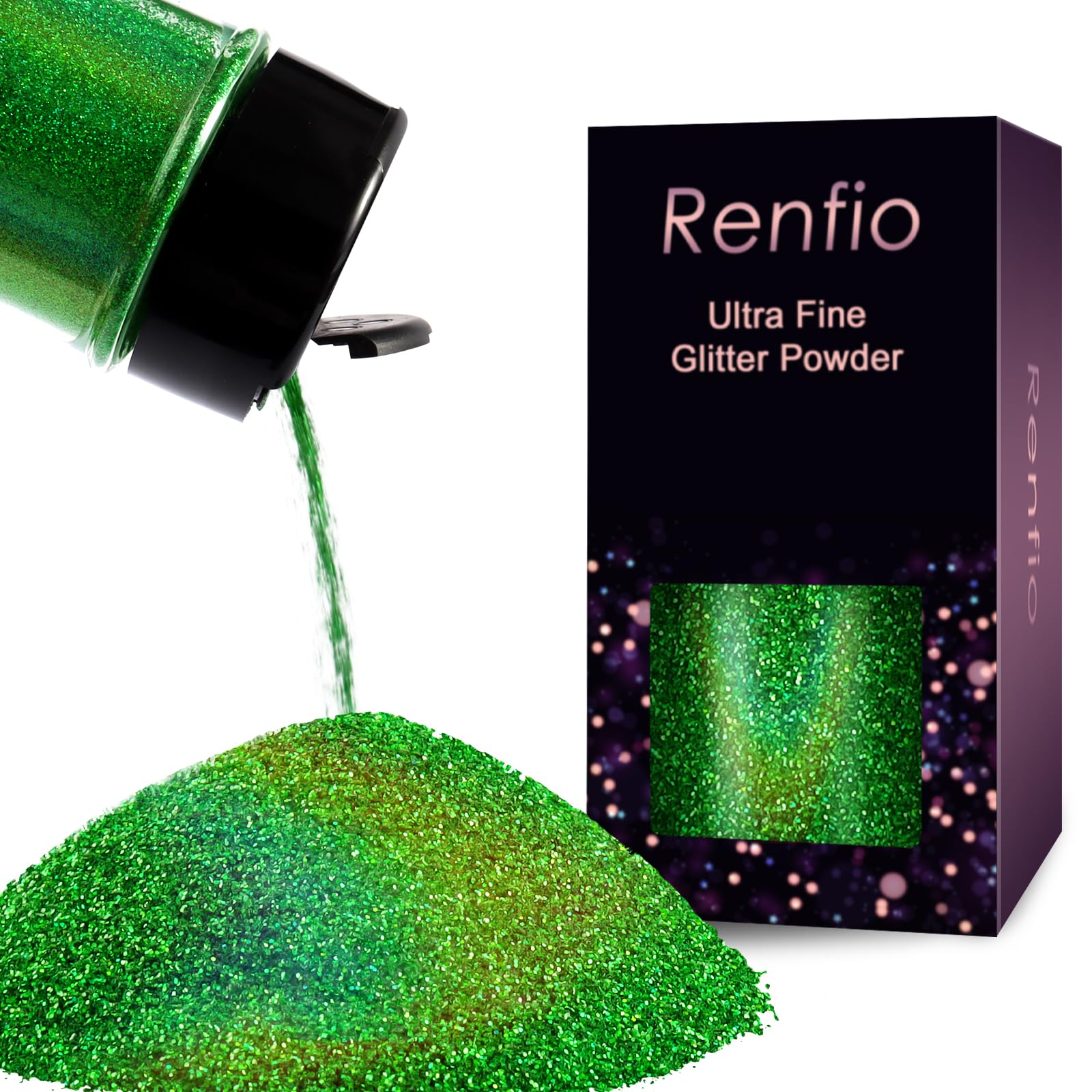Renfio Holographic Ultra Fine Glitter Powder Metallic Resin Glitter 1.75 Oz (50g) PET Flakes Crafts Sequins 1/128" 0.008" 0.2mm Epoxy Chips Flakes for Tumblers Slime 1.75 Oz (50g) - Laser Green