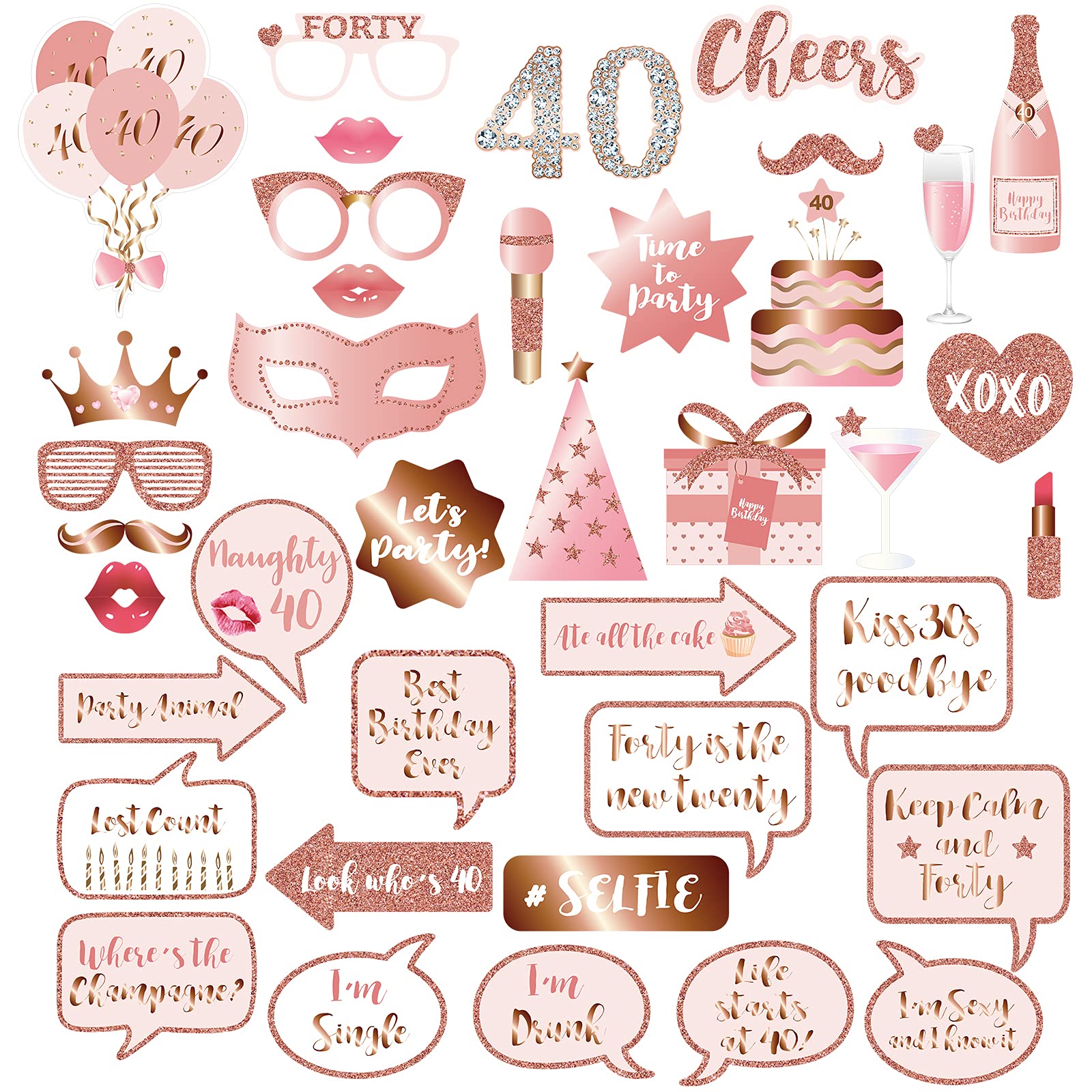 Photo 1 of 40th Birthday Party Photo Booth Props and Signs, Rose Gold 40 Birthday Party Selfie Props Kit with Sticks for Girls Women, Forty 40th Happy Birthday Party Decorations Supplies Favors