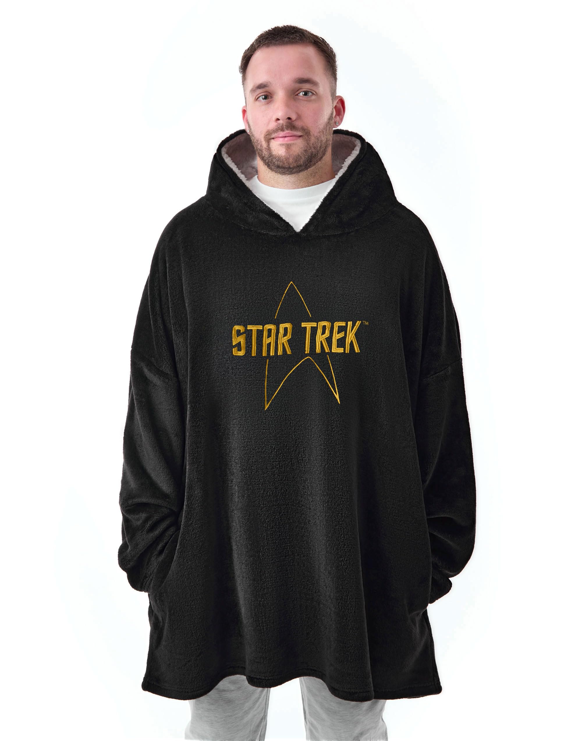 Star Trek Mens Wearable Blanket Hoodie | Adults Hooded Pullover Fleece in Black with Embroidered Logo | Sherpa Lined Loungewear with Pockets | Classic Sci-fi TV Series Merchandise Gift