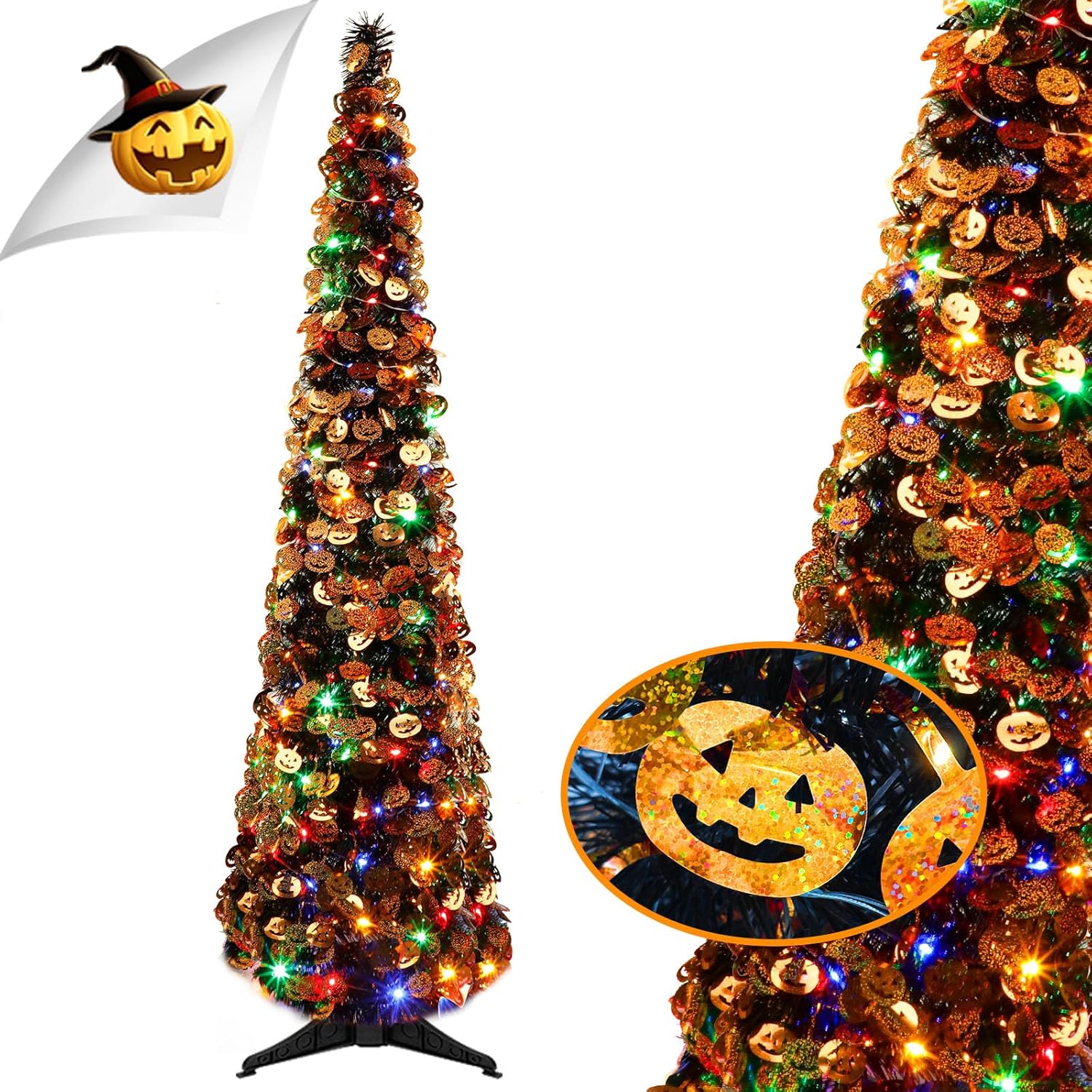Trees - 5Ft 90 LED Halloween Tree Decor,BTU Halloween Christmas Tree with Pumpkin Sequins, Black Tinsel Halloween Tree Pop Up Artificial Tree Indoor Outdoor Halloween Decorations Home Party