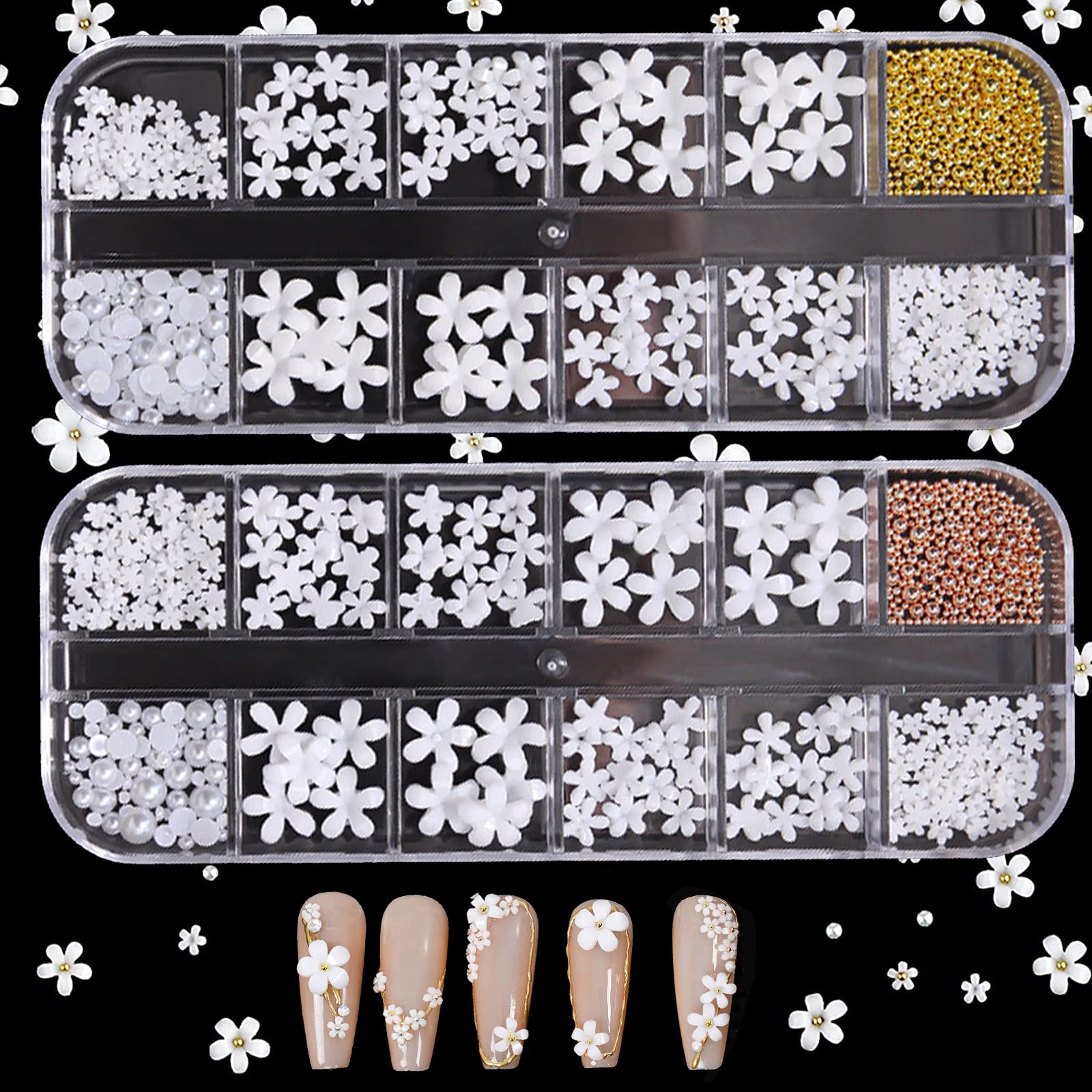 3D White Nail Flowers for DIY Art - 2 Set Acrylic Flower Nail Charms with Gold Caviar Beads, Resin Decals & Pearls