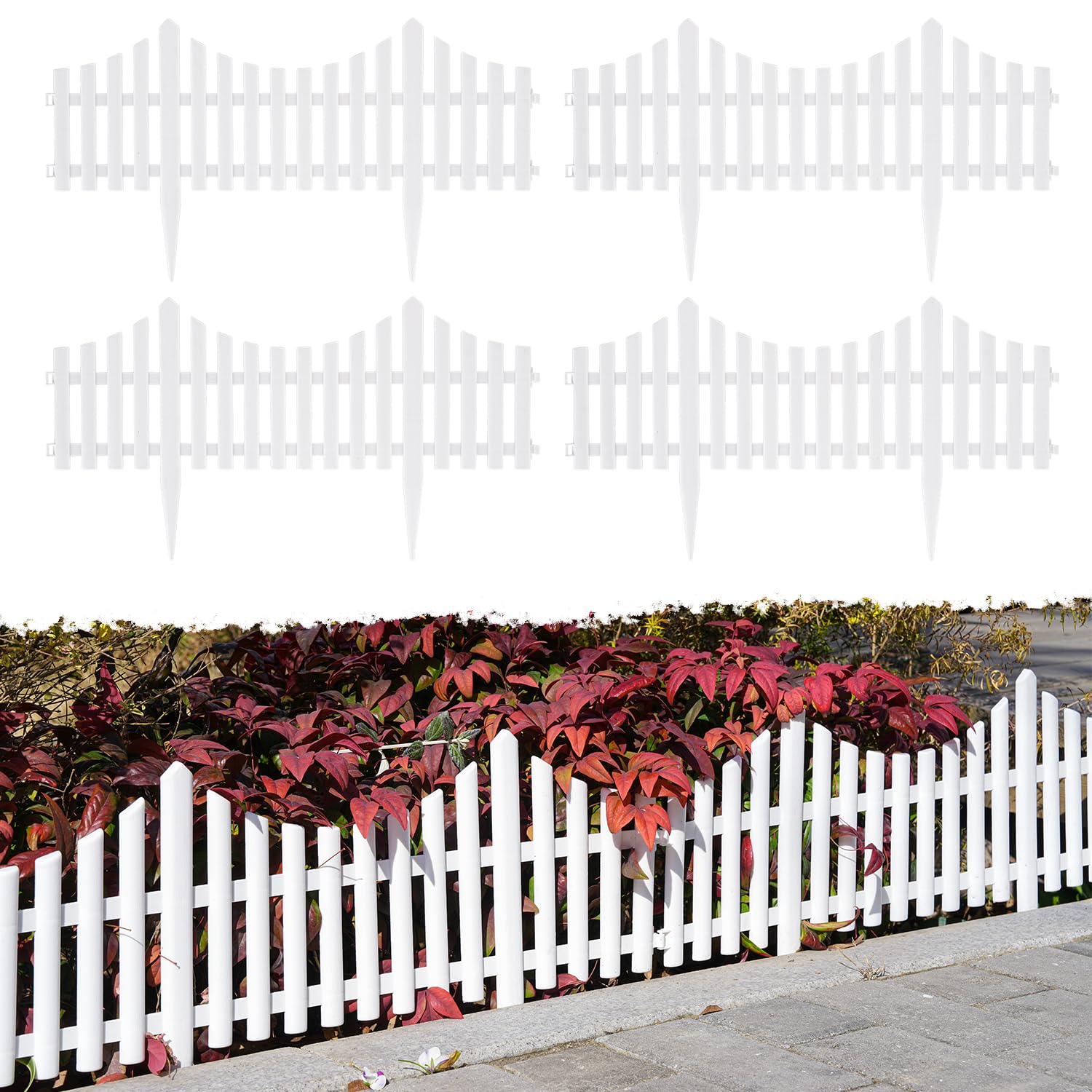 Sungmor Pack of 4 Garden Picket Fence,96 Inch Plastic White Edgings,Grass Lawn Flowerbeds Plant Borders,Landscape Path Panels