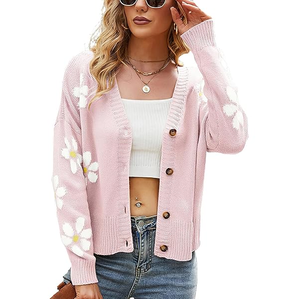 chouyatou Women's Fall Cute Daisy Button Jacquard Knit
