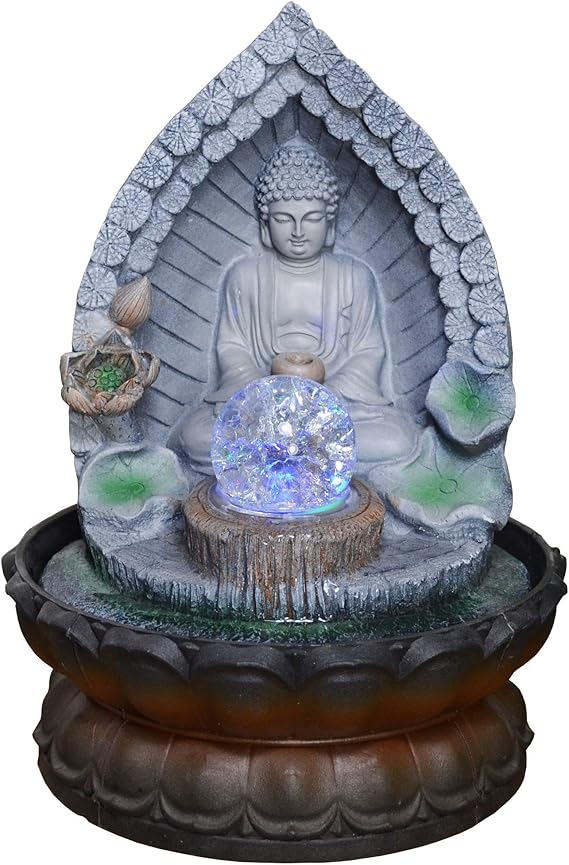 Buddha In Archway Water Fountain With Light And Crystal Ball Perfect