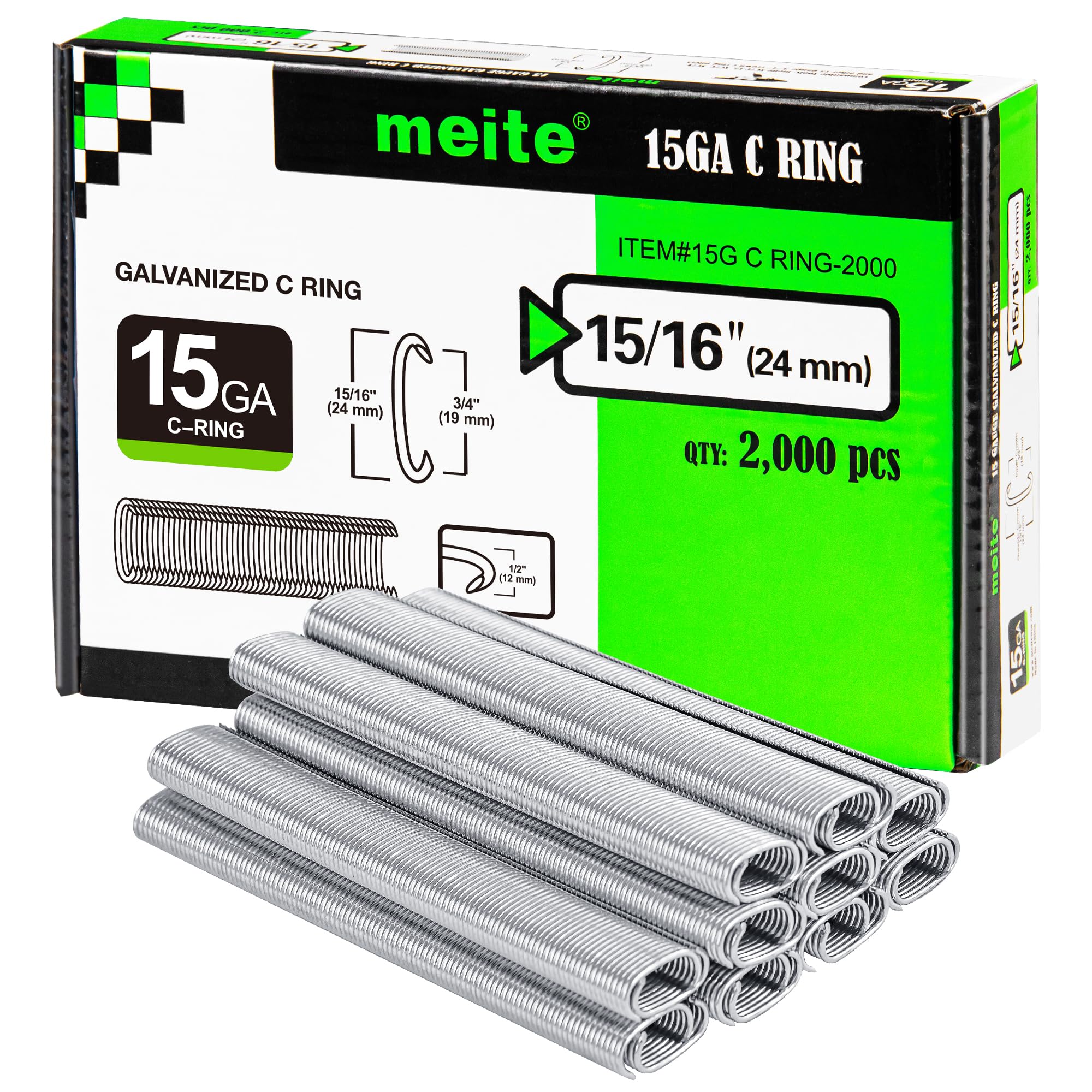 meite SC7-15 Gauge C Ring Staples 3/4" Inner Crown Galvanised C Ring Fasteners 2000 PCS for SC7C/SC7E/SC7C-I2 Hog Ring Pliers/Closure Tools Professional for Fastening
