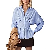 Sujama Striped Button Down Shirts for Women Long Sleeve Pleated Peplum Blouse Tops Casual Business
