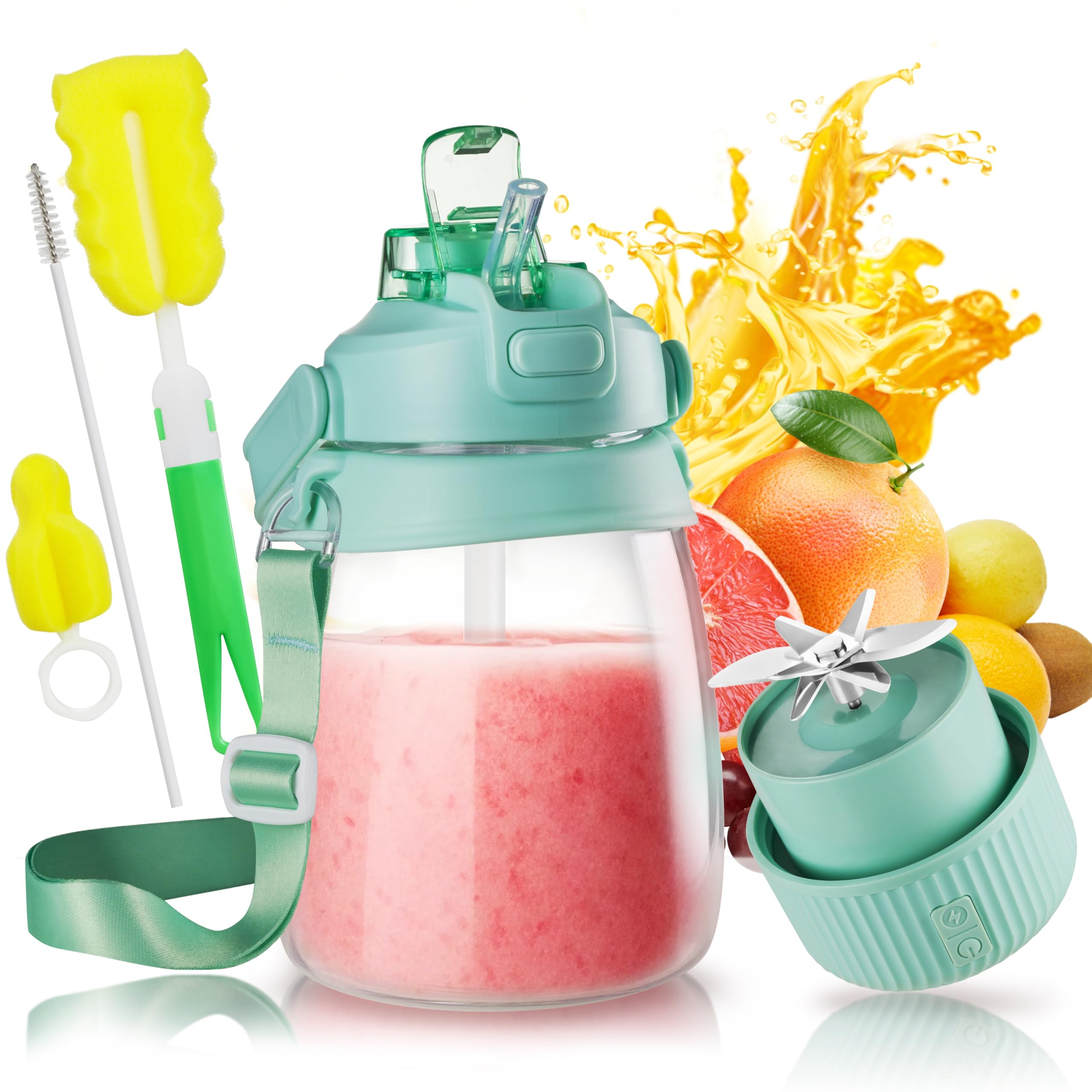 Photo 1 of 1100ml Portable Juicer with 10-Blade Turbo Juicing, USB-C Fast Charging, 12+ Cups per Charge, Juice Glass with Sip Lid & Carrying Strap for Travel & office & Gym. Not for Ice Crushing. (Green)