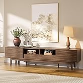 MU 70 Inch TV Stand for TVs up to 80 Inch, Mid Century Modern TV Console with Fluted Sliding Doors, Shelves & Drawers, Low Profile Entertainment Center for Living Room (Walnut, 70")