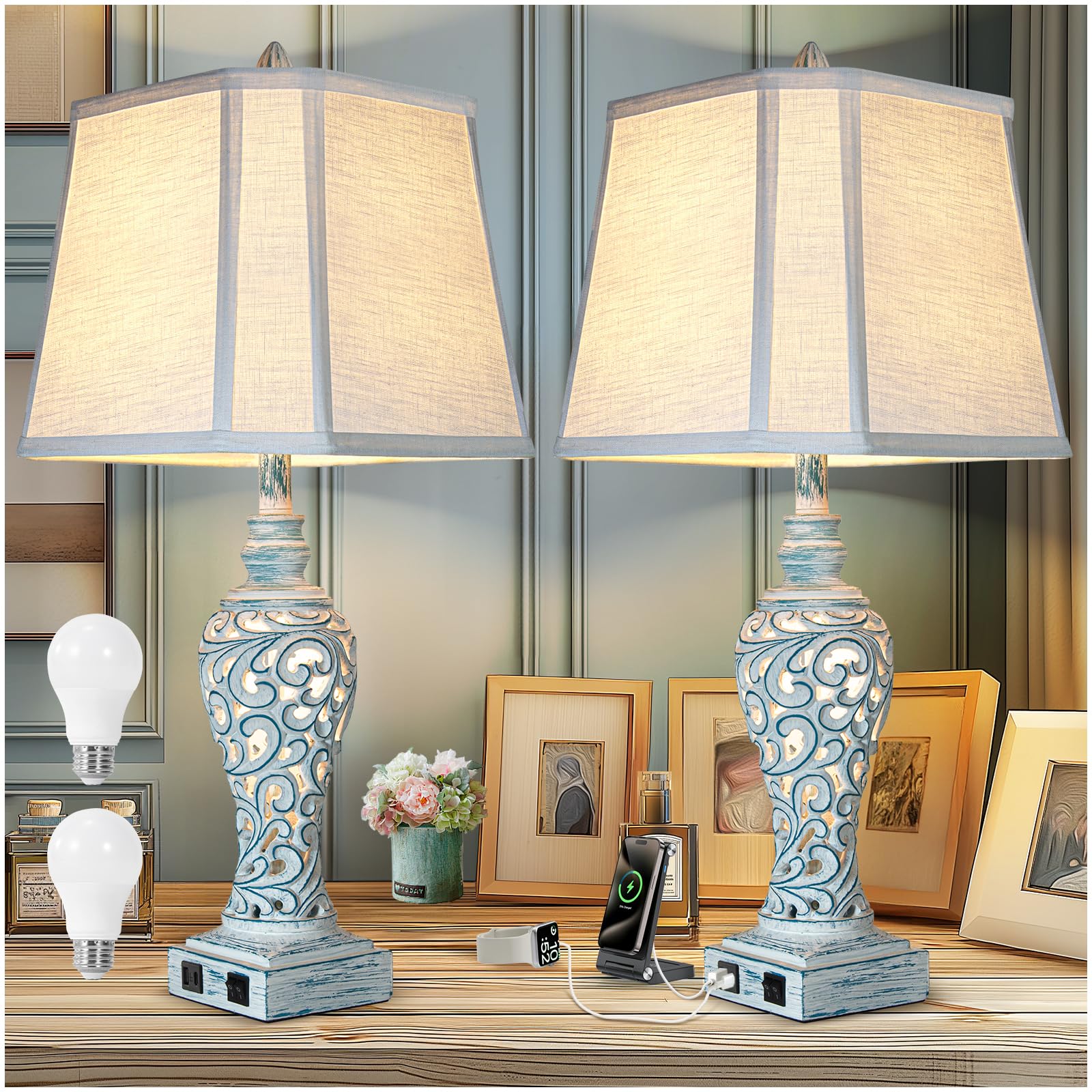 Photo 1 of Table Lamp Bedside Lamps Set of 2, 28.5'' Luxsight Farmhouse Table Lamps for Bedroom, Lamps for Nightstands with Night Lights, with USB C+A Ports, Rustic Lamp for Living Room, Bulb Included